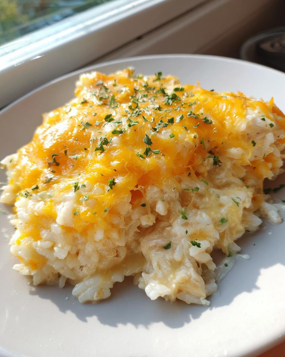 A close-up of a serving of creamy chicken and rice topped with melted cheddar cheese and parsley.