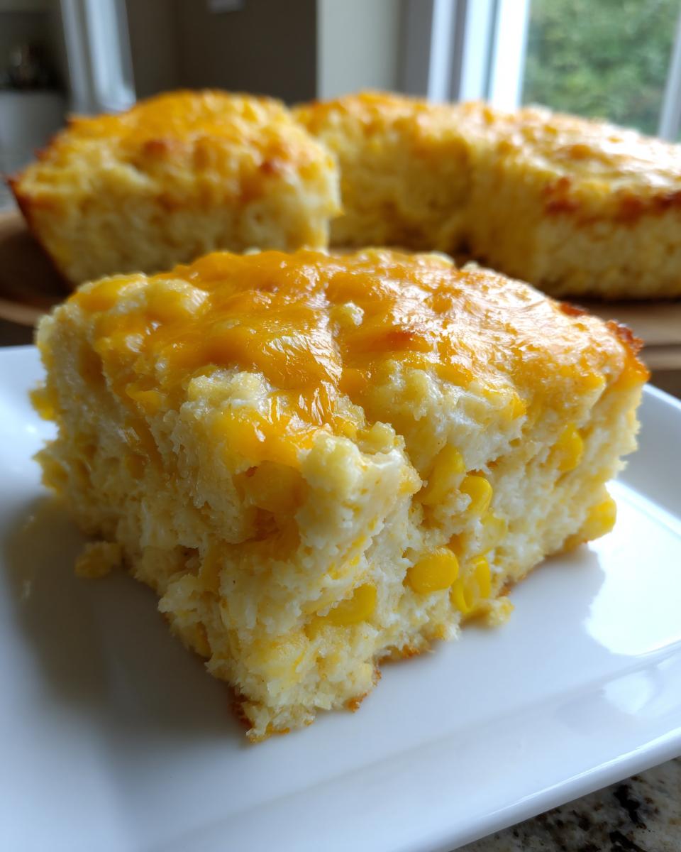 A close-up of a square slice of moist cornbread casserole topped with melted cheddar cheese, showing visible corn kernels.