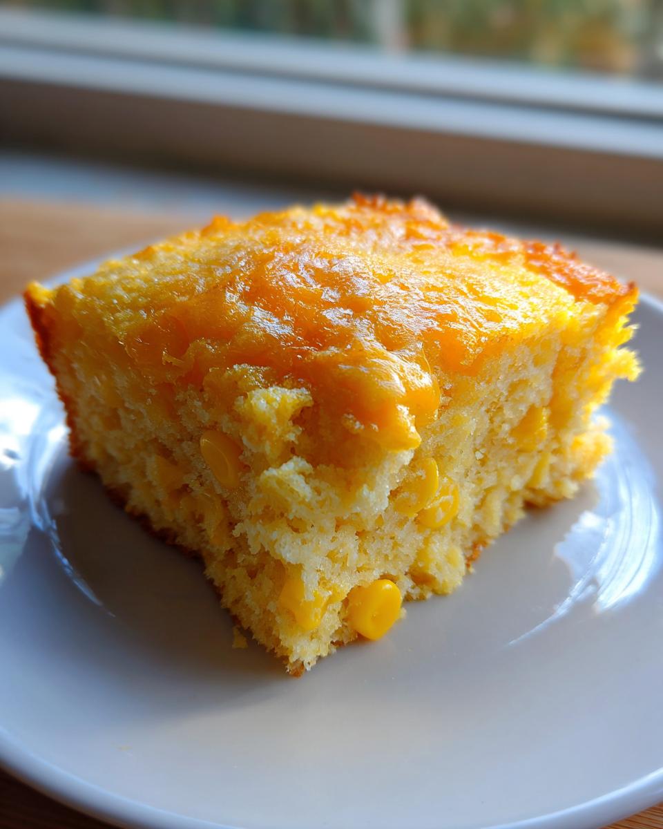 A close-up shot of a square slice of cheesy cornbread casserole topped with melted cheddar, showing whole corn kernels inside.