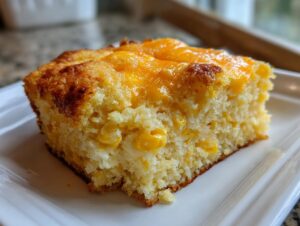 A close-up of a square slice of moist cornbread casserole topped with melted cheddar cheese.