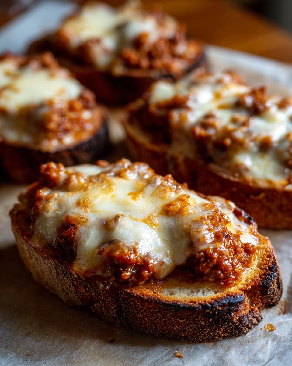 Close-up of a toasted bread slice topped with savory meat mixture and melted cheese, a perfect hanky panky recipe bite.