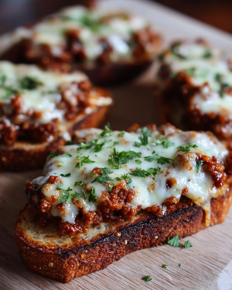 A close-up of one toasted bread slice topped with savory meat mixture and melted cheese, part of the hanky panky recipe.