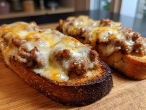 Two slices of toasted bread topped with savory meat mixture and melted cheese, showcasing the amazing hanky panky recipe.
