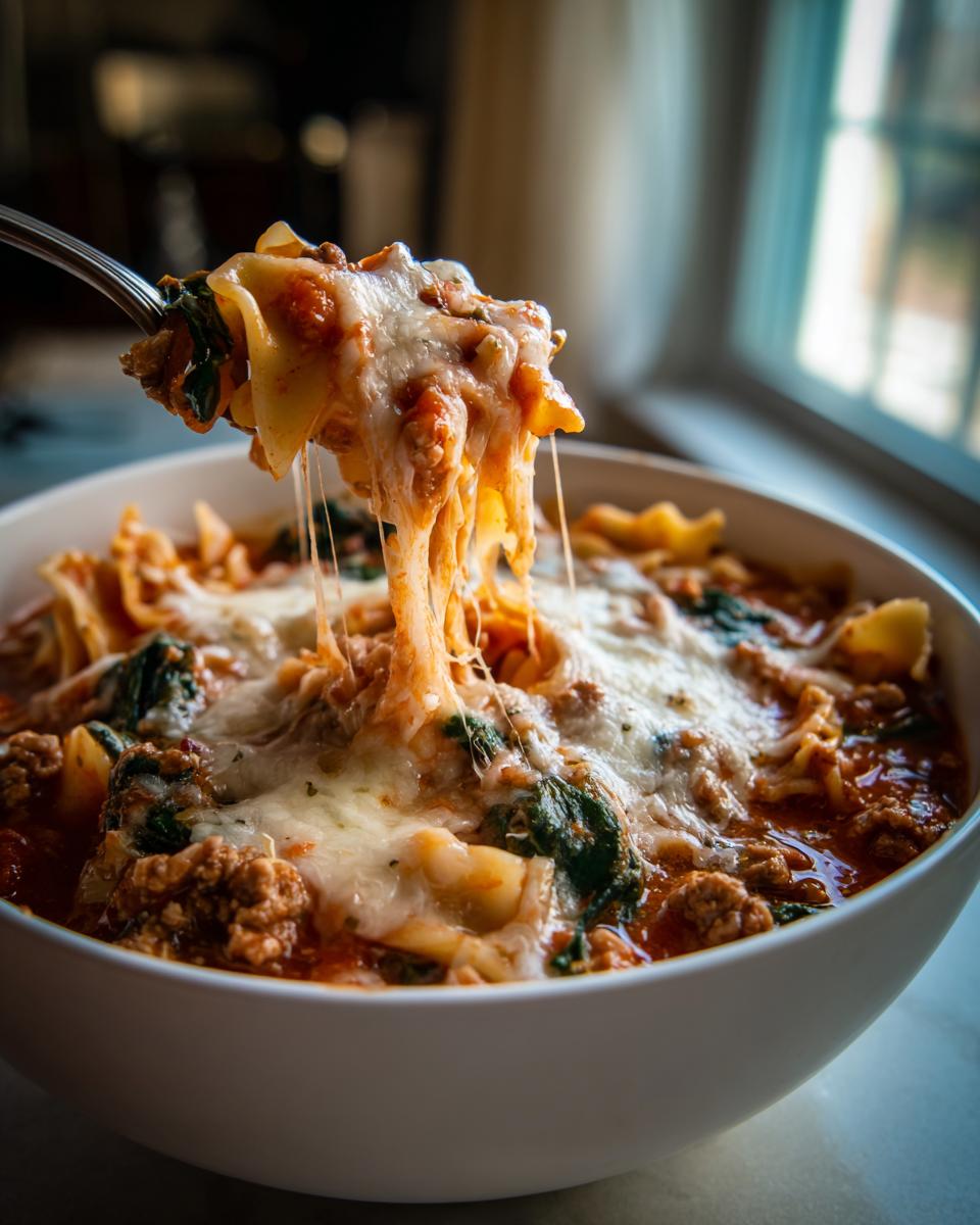 A fork lifting a cheesy, saucy bite from a bowl of one pot lasagna soup, showing melted mozzarella strings.