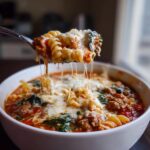 A spoonful of cheesy one pot lasagna soup being lifted from a white bowl, showing melted cheese strings.
