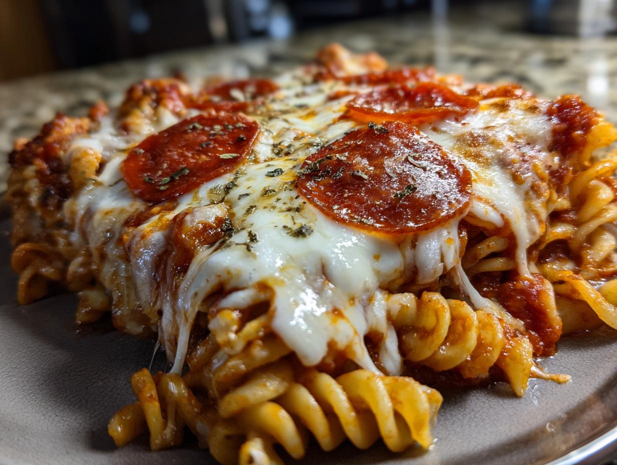 Melted cheese oozing over a serving of pepperoni pizza pasta made with rotini noodles.