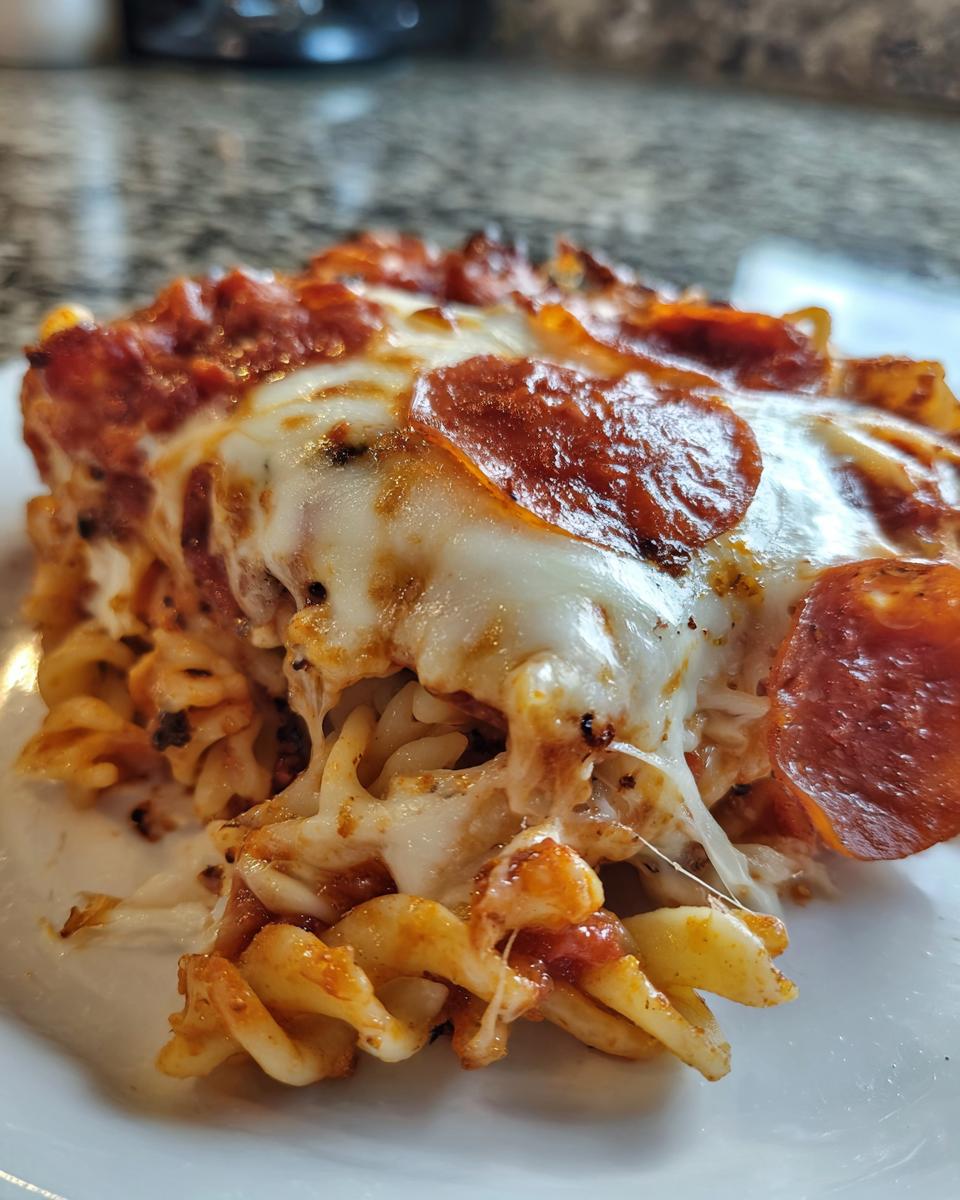 Close-up of a serving of pizza pasta casserole with melted mozzarella cheese and pepperoni slices.
