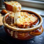 A spoonful of cheesy bread being lifted from a bowl of rich french onion soup recipe, showing long cheese pulls.