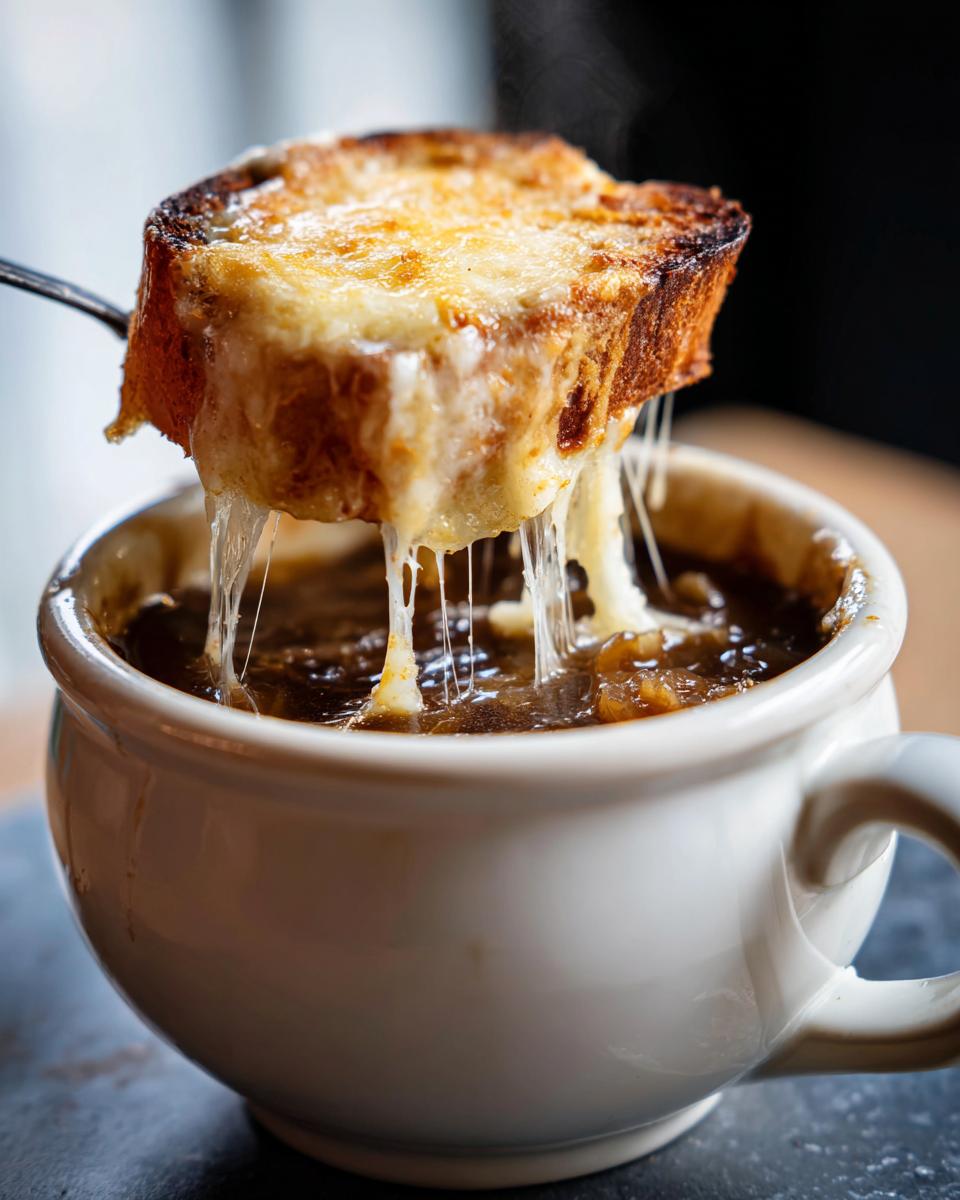 A spoonful of cheesy bread being lifted from a bowl of rich french onion soup recipe, showing long cheese pulls.
