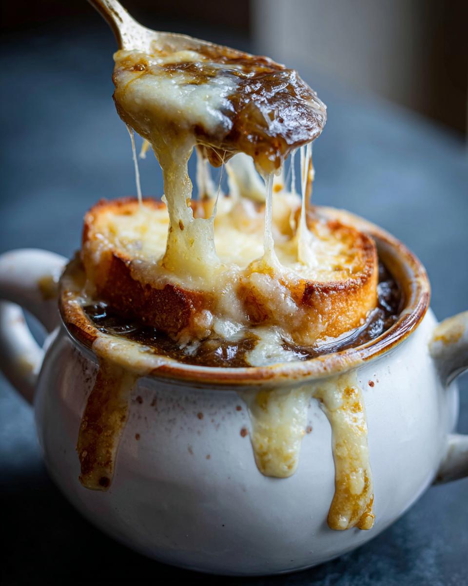 A spoonful lifts a cheesy, caramelized onion topping from a bowl of french onion soup recipe.