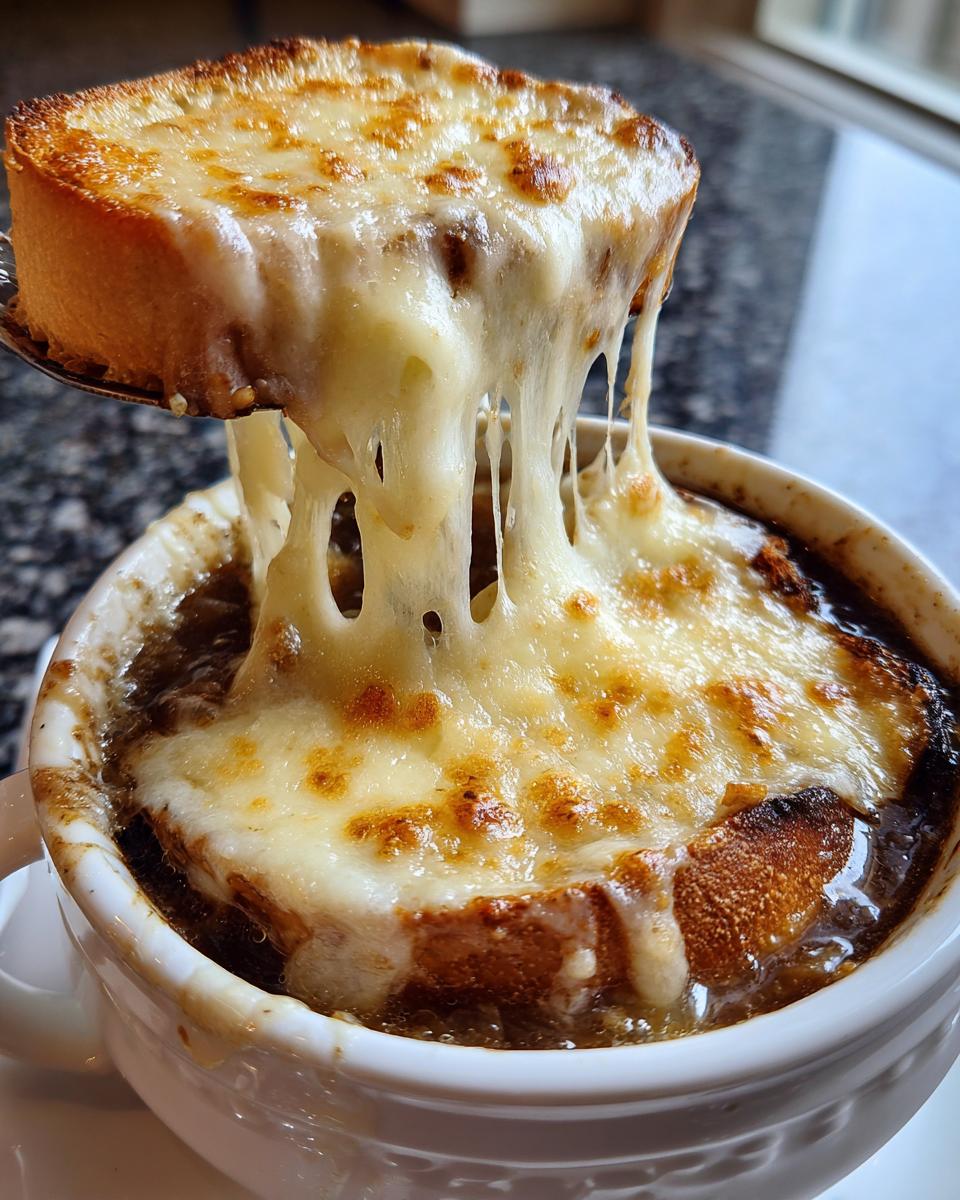 A spoonful of cheesy bread is lifted from a bowl of rich french onion soup recipe, showing long, melted cheese strings.