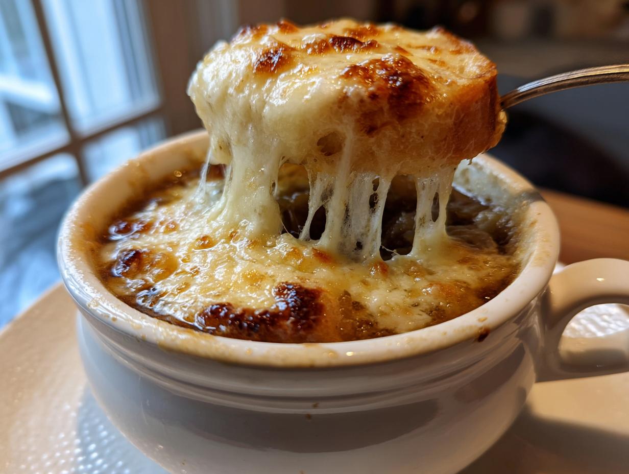 A spoonful of bread covered in melted, browned cheese is lifted from a bowl of french onion soup recipe, showing dramatic cheese pulls.