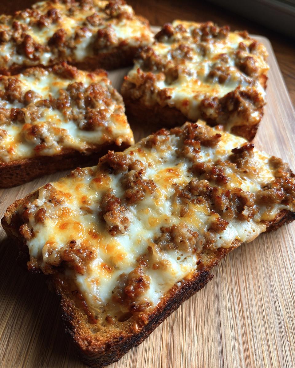 Four pieces of toasted bread topped with savory sausage mixture and melted cheese, ready to serve for the hanky panky recipe.