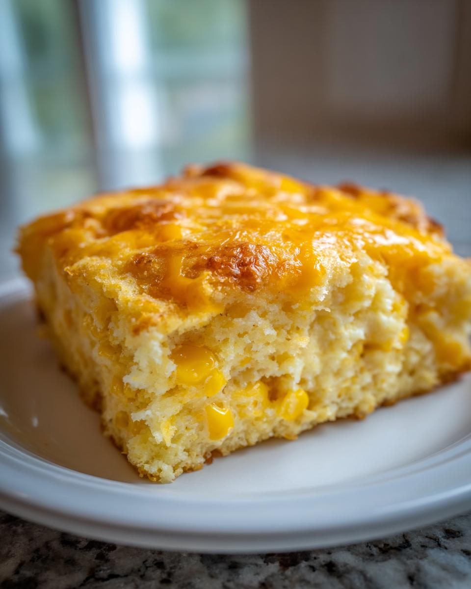 A close-up of a golden slice of cheesy cornbread casserole with visible corn kernels.