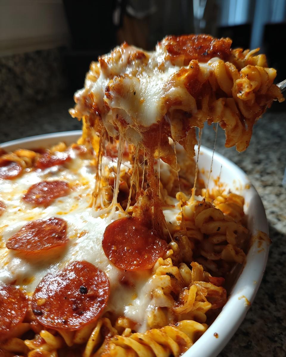 A fork lifts a cheesy, saucy portion of pepperoni pizza pasta out of a white baking dish, showing long cheese pulls.