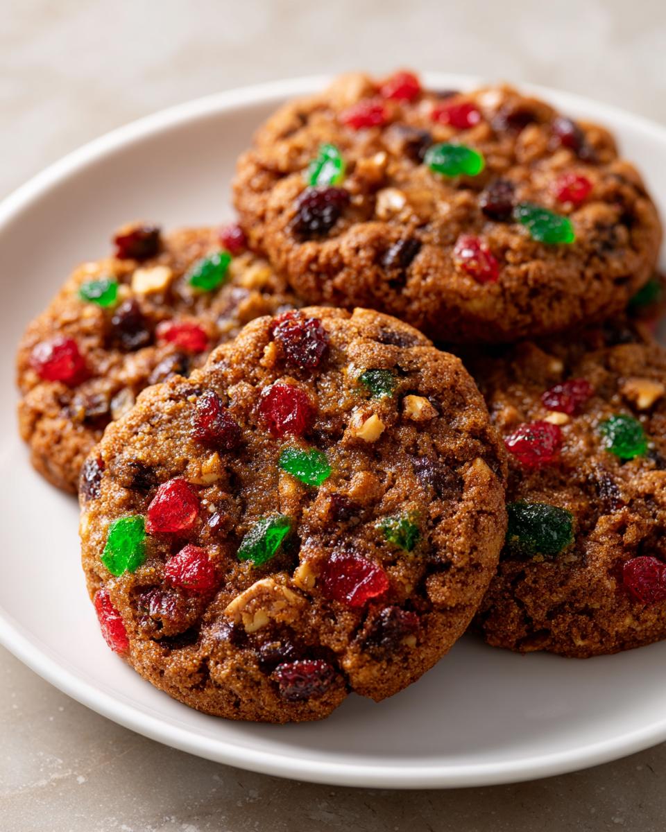 A stack of four rich, brown fruitcake cookies studded with red and green candied fruit and nuts, served on a white plate.
