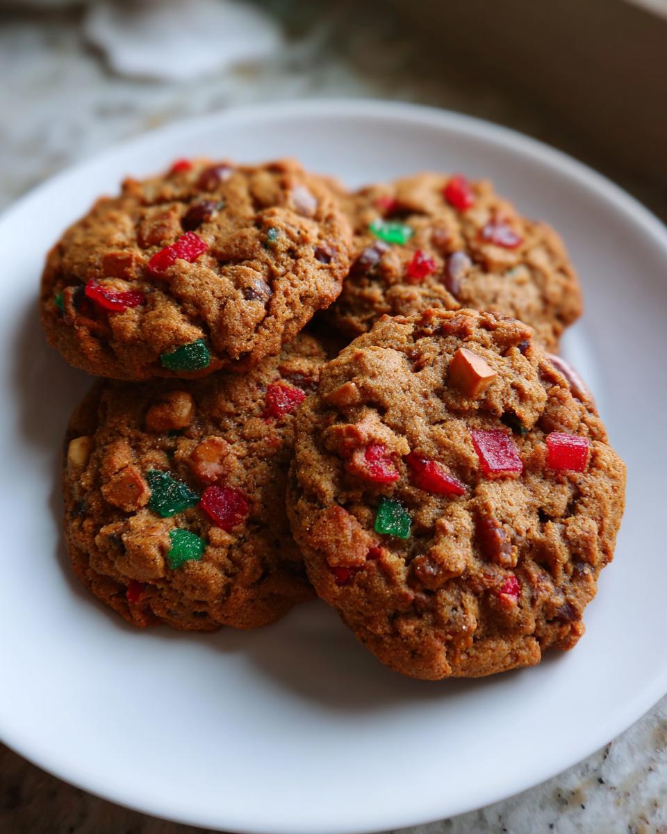 Four homemade fruitcake cookies loaded with candied fruit and nuts piled on a white plate.