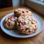 Three chewy white chocolate raspberry cookies piled on a light blue plate near a window.