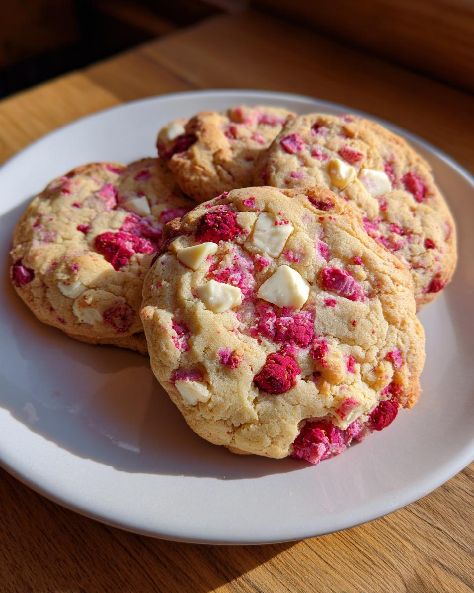 Four chewy white chocolate raspberry cookies piled on a light plate, showing bright pink raspberry pieces and white chocolate chips.