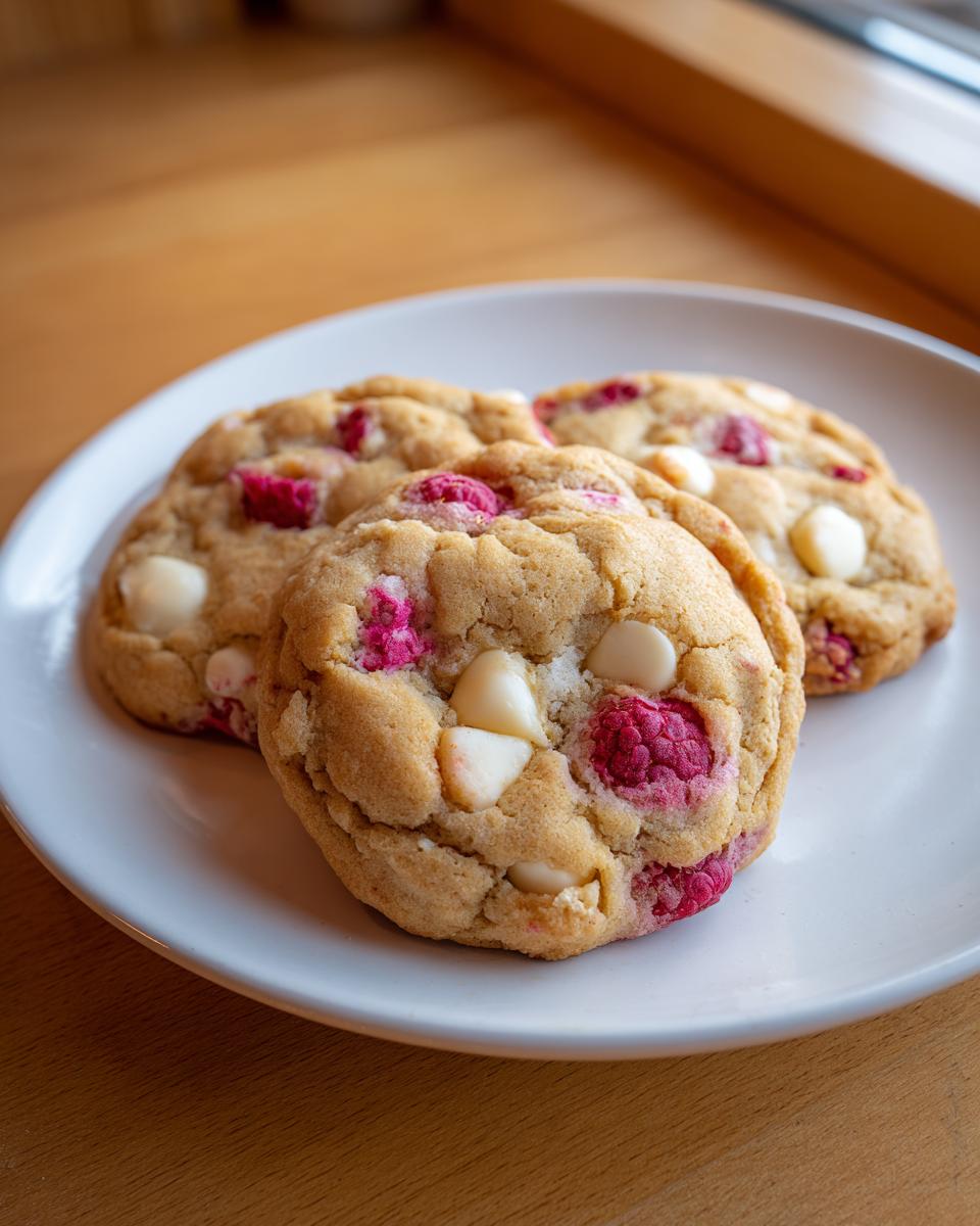 Close-up of three chewy white chocolate raspberry cookies featuring white chocolate chips and bright pink raspberry pieces.