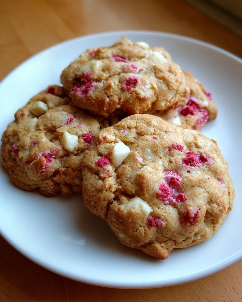 Close-up of several chewy white chocolate raspberry cookies piled on a white plate.