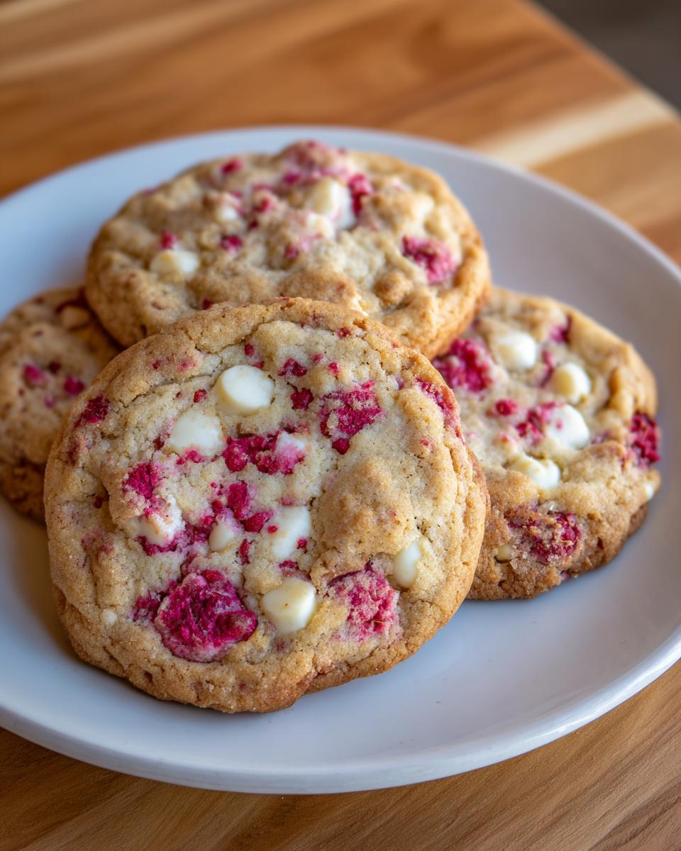 Close-up of four chewy white chocolate raspberry cookies piled on a light gray plate.