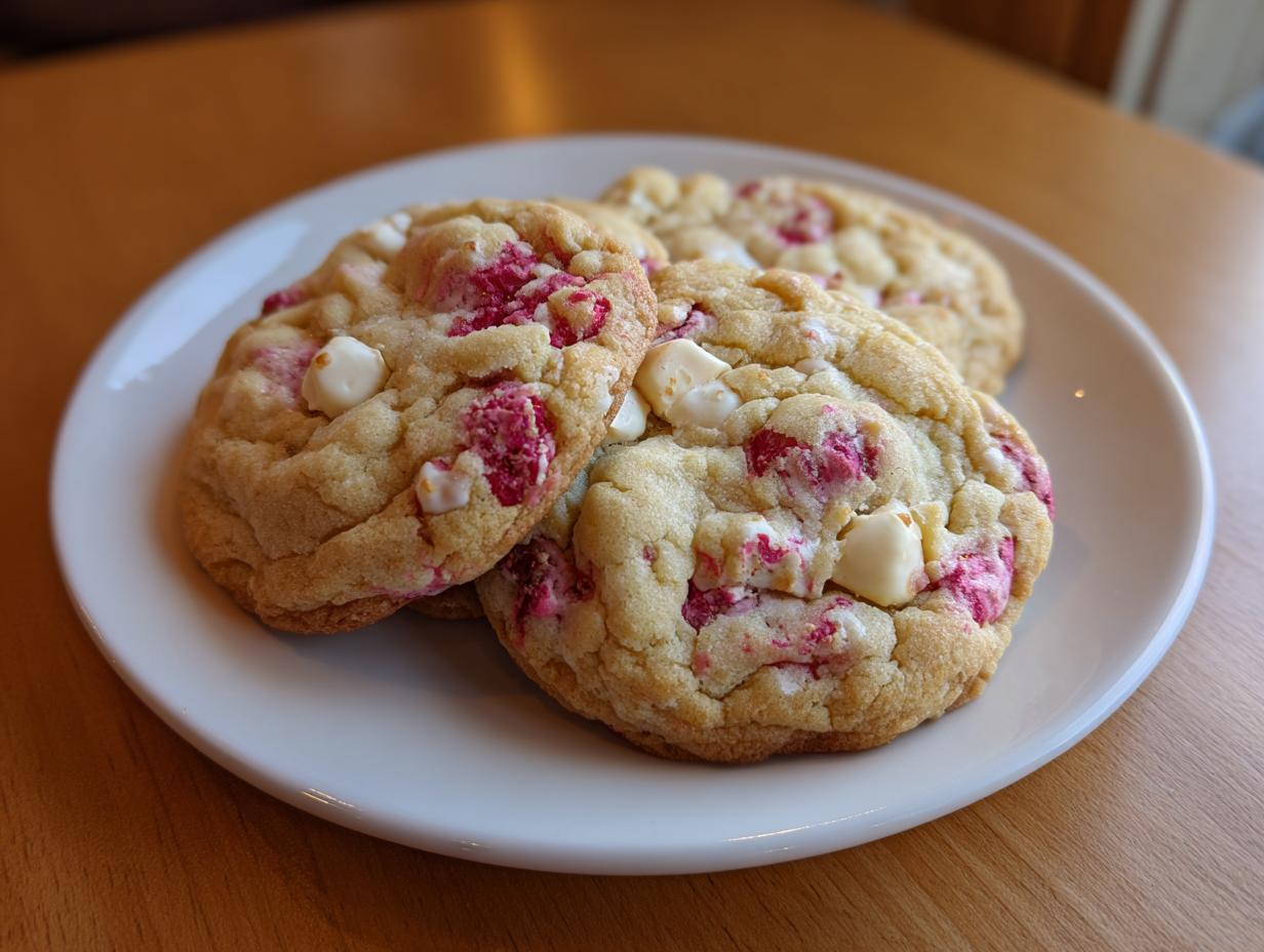Three chewy white chocolate raspberry cookies stacked slightly on a white plate.