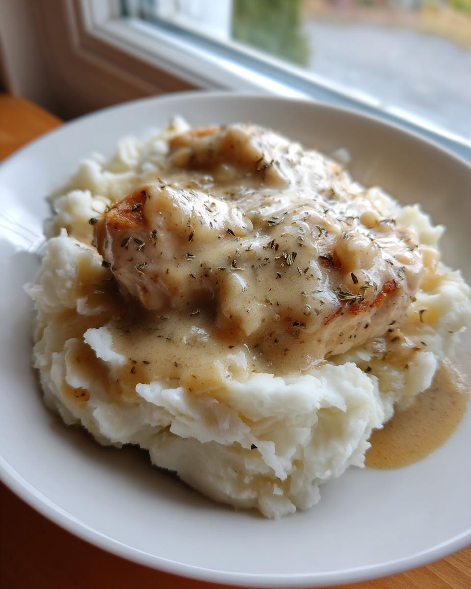 Close-up of pan-seared chicken and gravy served over a large mound of creamy mashed potatoes.
