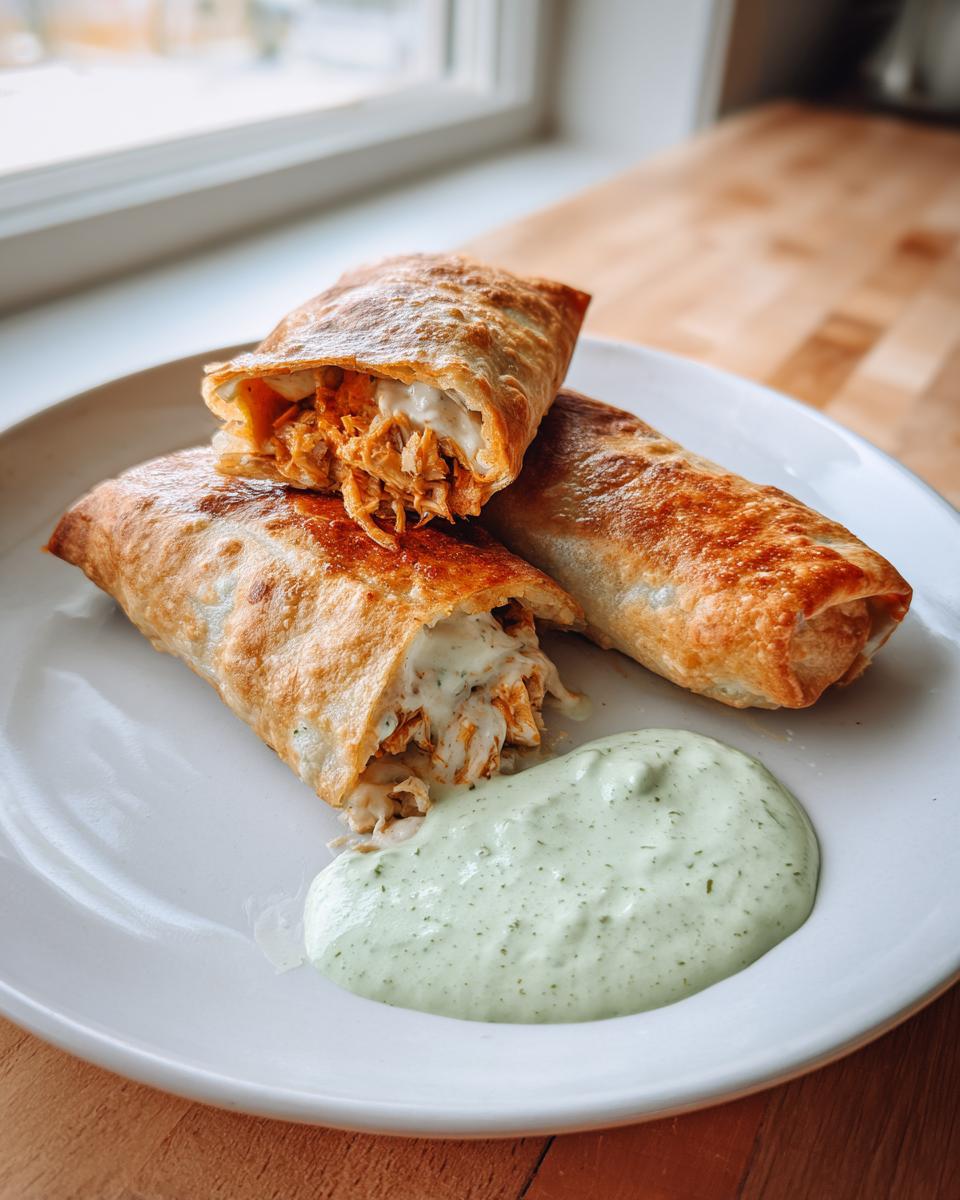 Three crispy, golden-brown chicken Chimichangas served on a white plate with a dollop of light green, creamy dipping sauce.