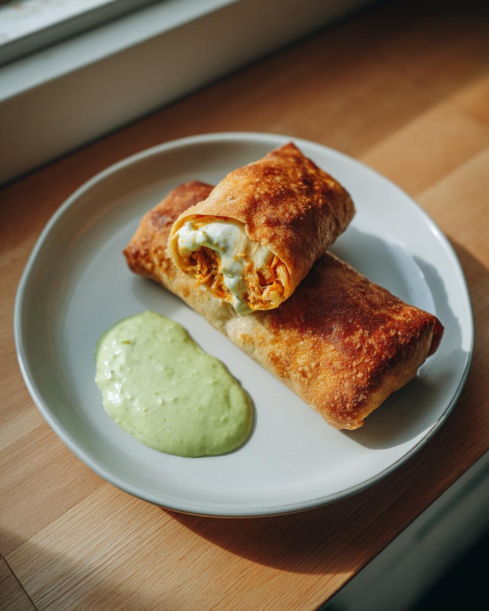 Two golden brown, crispy chicken chimichangas served on a plate with a side of bright green dipping sauce.