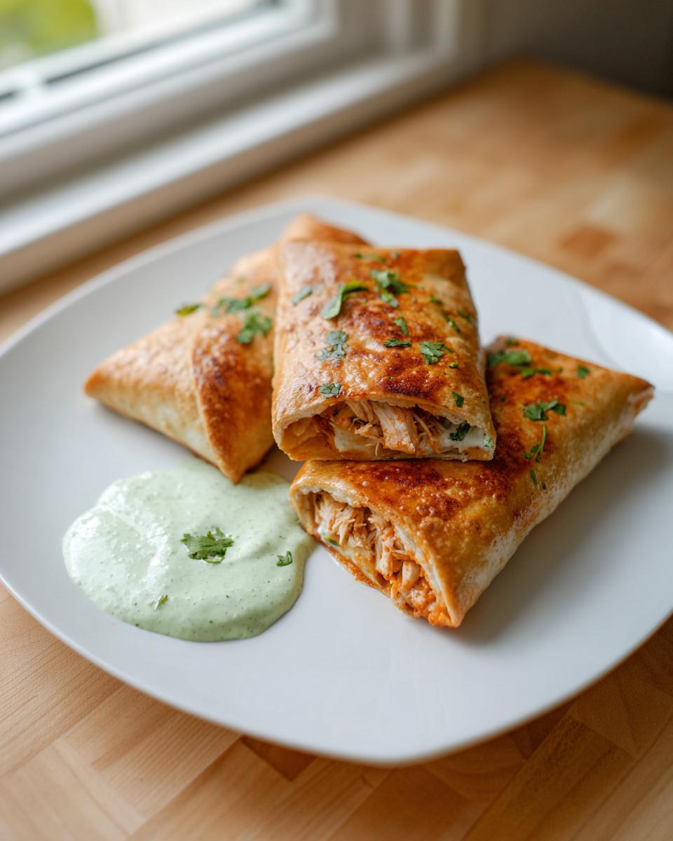 Three golden-brown, crispy chicken Chimichangas served on a white plate with a dollop of light green dipping sauce.