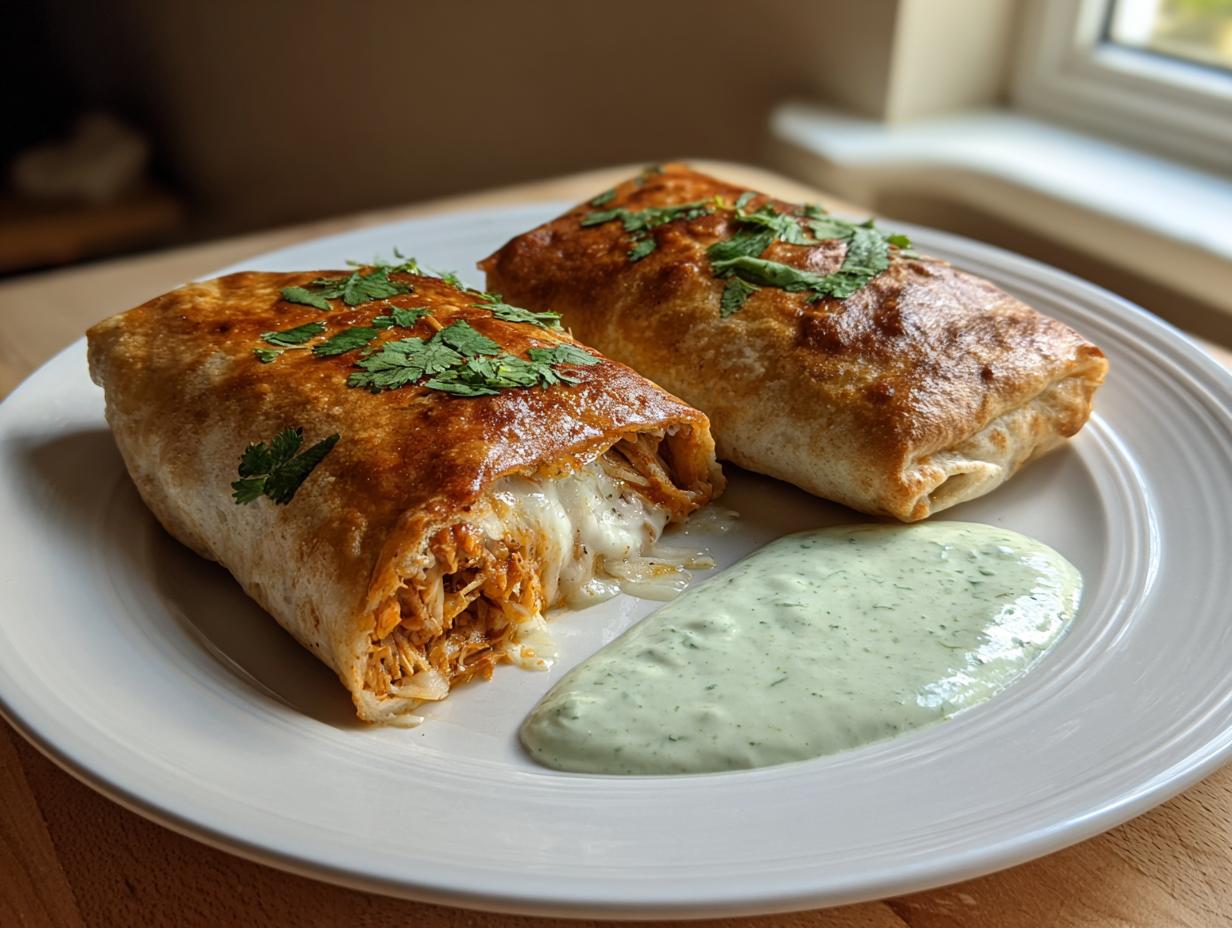 Two golden brown, crispy chicken chimichangas served on a white plate with a side of creamy green dipping sauce.