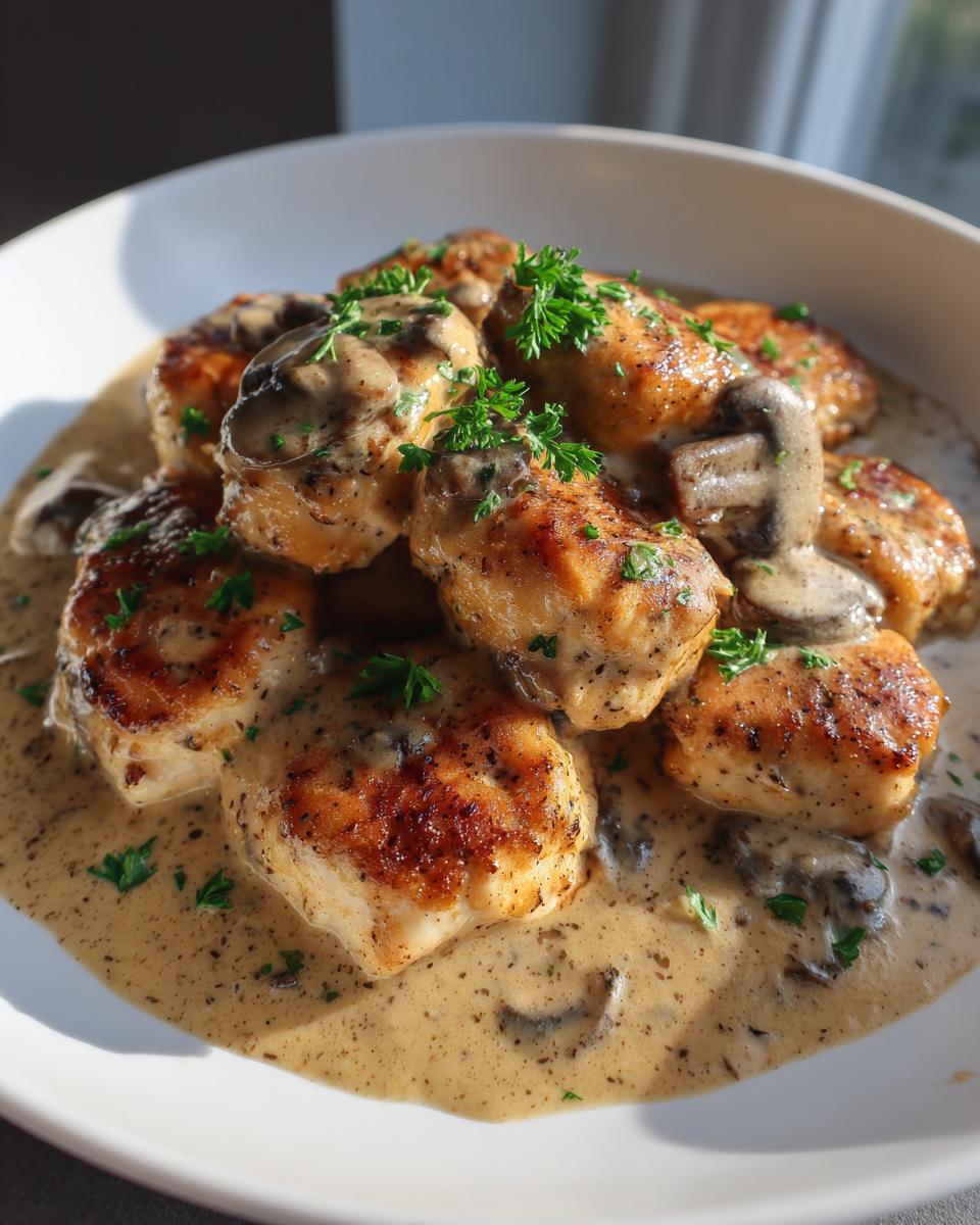 Plump, pan-seared pieces of chicken marsala swimming in a rich, creamy mushroom sauce and garnished with fresh parsley.