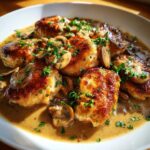Close-up of pan-seared chicken marsala pieces smothered in a rich, brown mushroom sauce and garnished with fresh parsley.