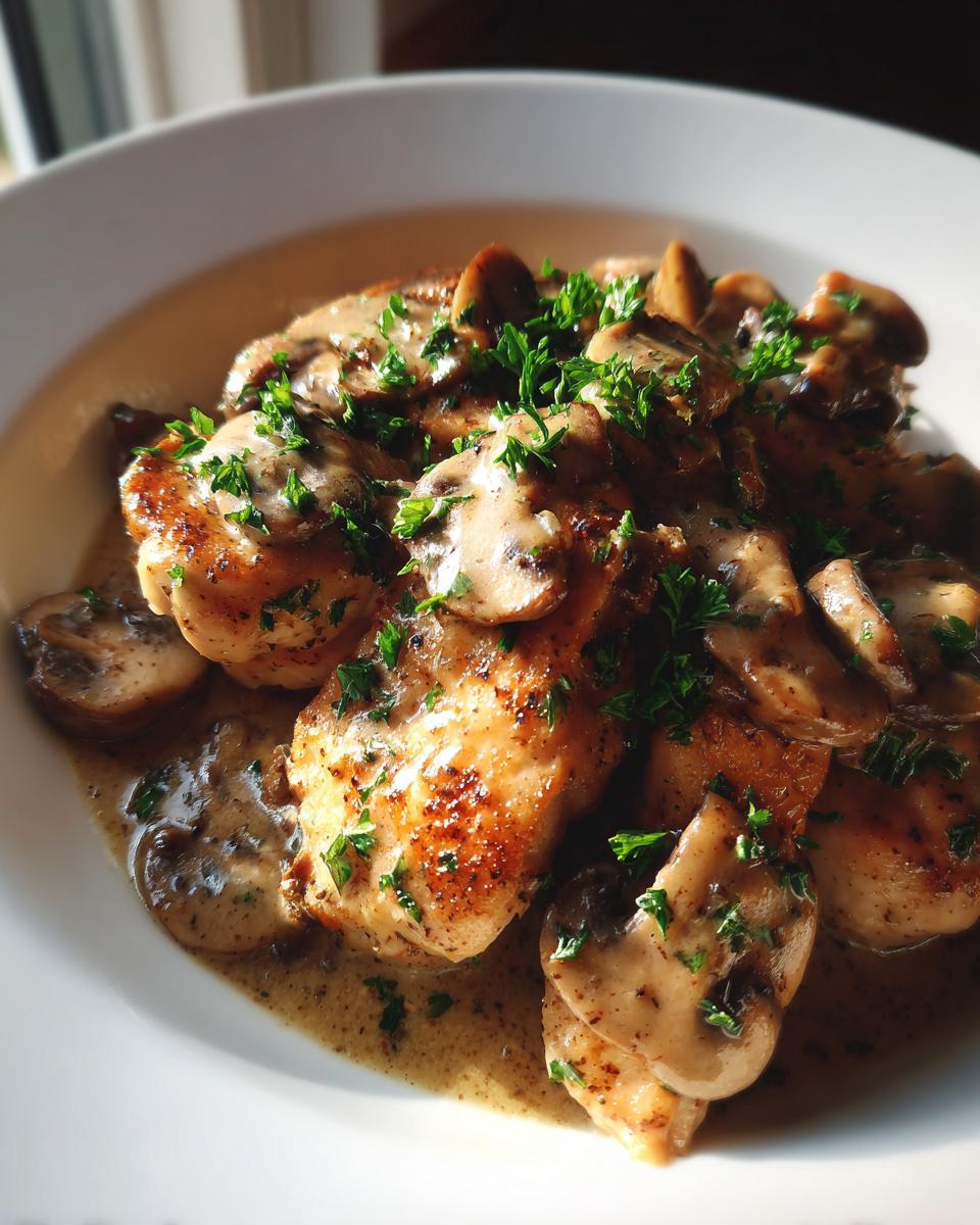 Close-up of pan-seared chicken marsala pieces covered in a rich mushroom sauce and fresh parsley.