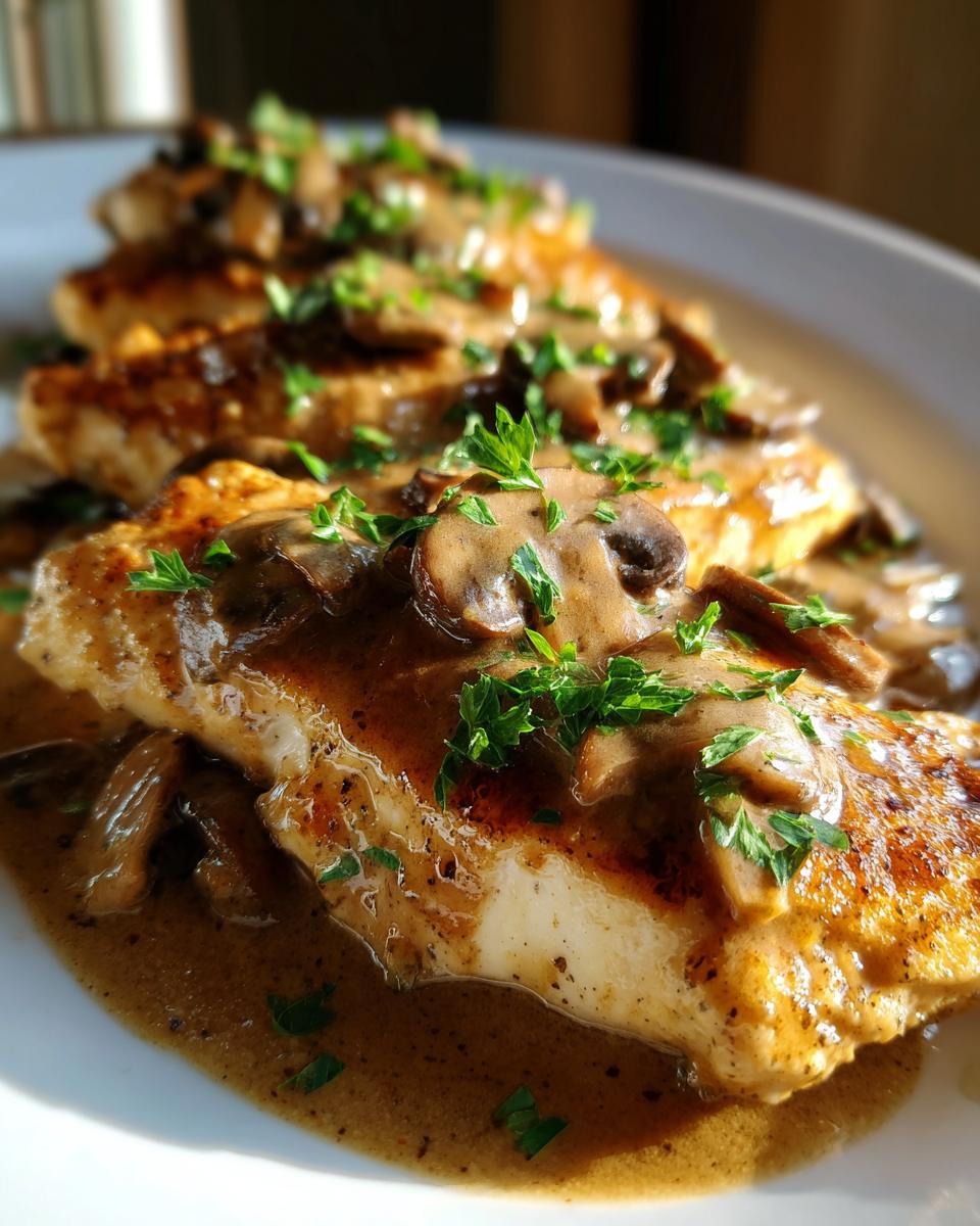 Close-up of seared chicken breasts smothered in rich mushroom Marsala sauce and fresh parsley.