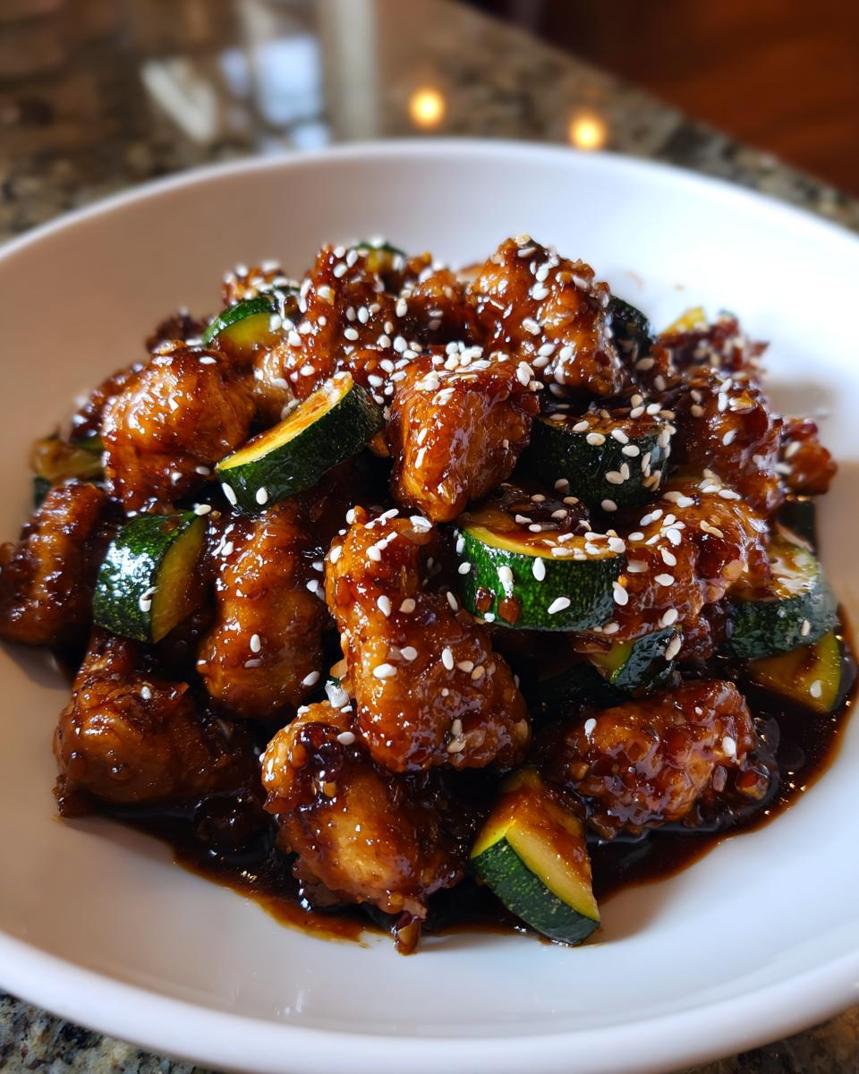 Close-up of glossy, saucy chicken zucchini stir fry topped with white sesame seeds in a white bowl.