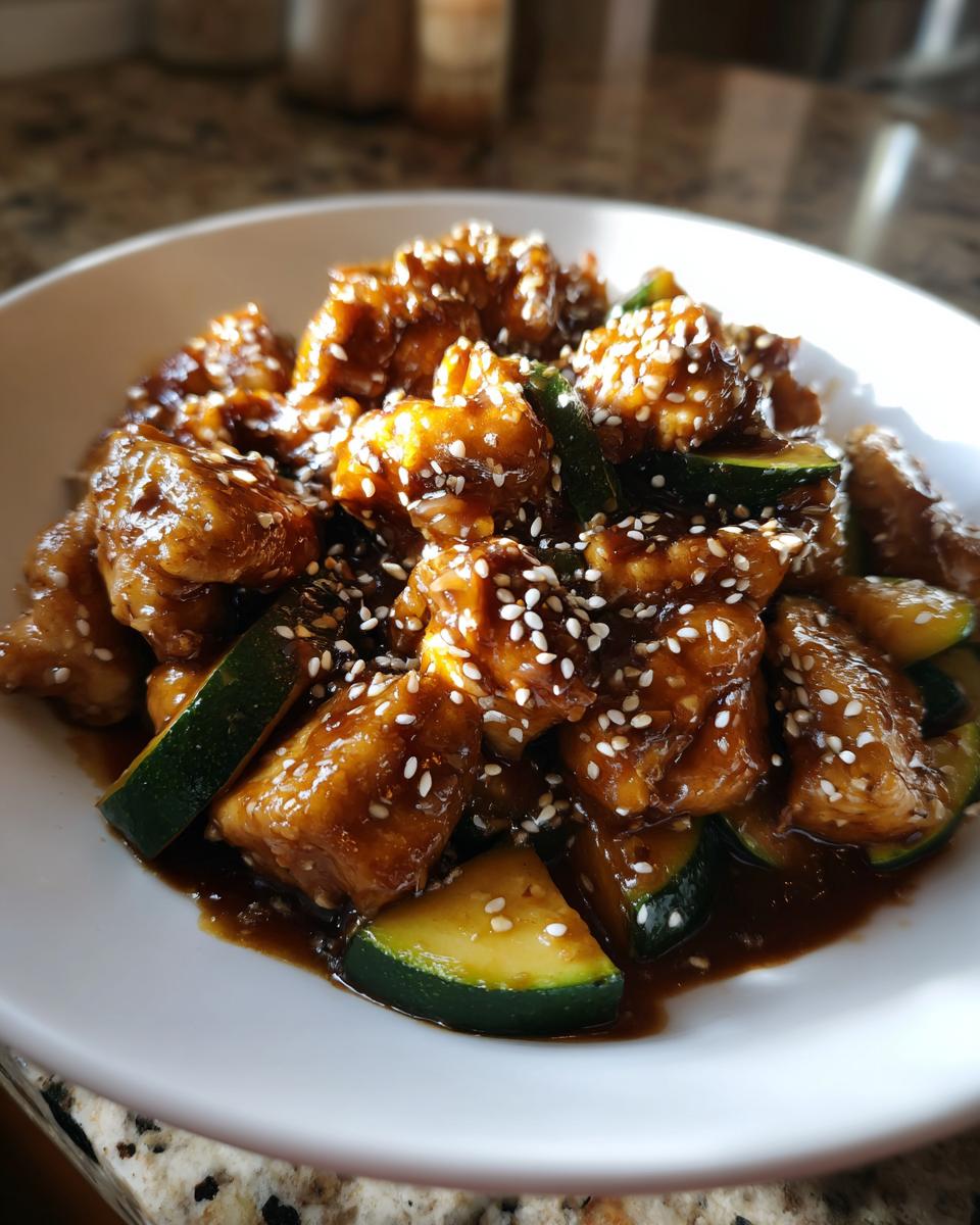 Close-up of glossy, saucy chicken zucchini stir fry topped generously with white sesame seeds.