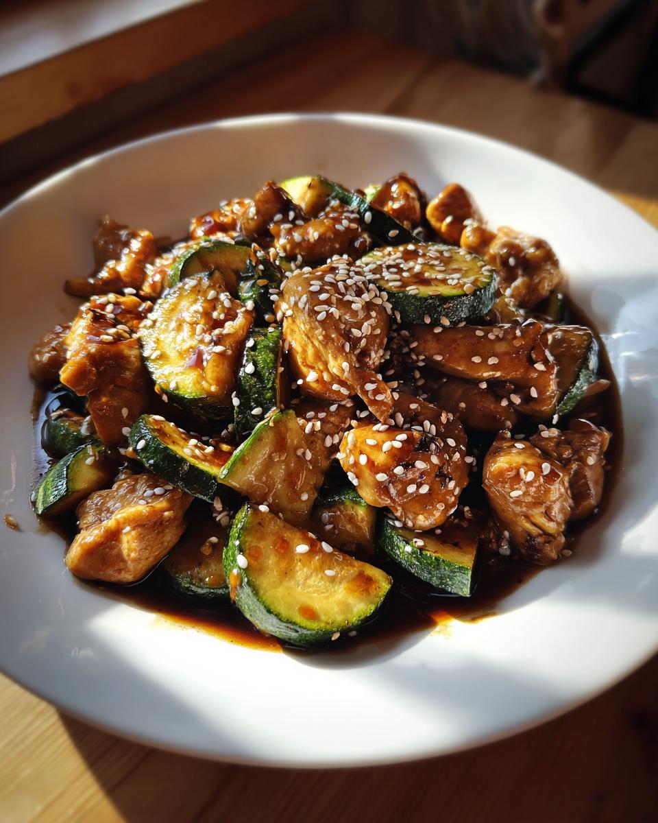 Close-up of a bowl of chicken zucchini stir fry coated in dark sauce and topped with sesame seeds.