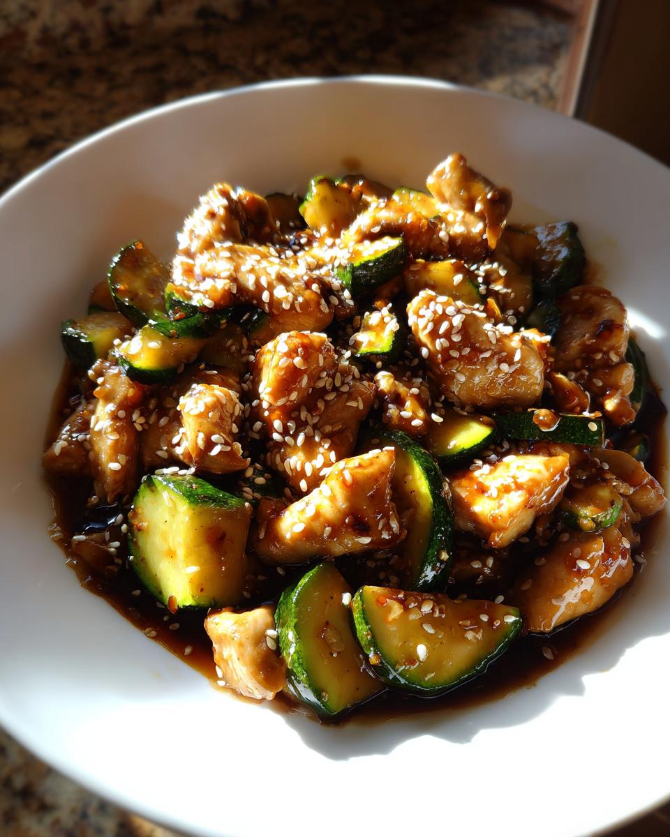 A bowl of glossy chicken zucchini stir fry coated in dark sauce and topped with sesame seeds.