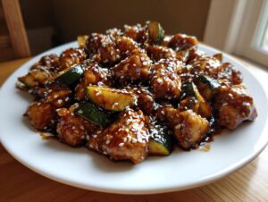 A plate piled high with glossy, saucy chicken zucchini stir fry pieces topped generously with white sesame seeds.