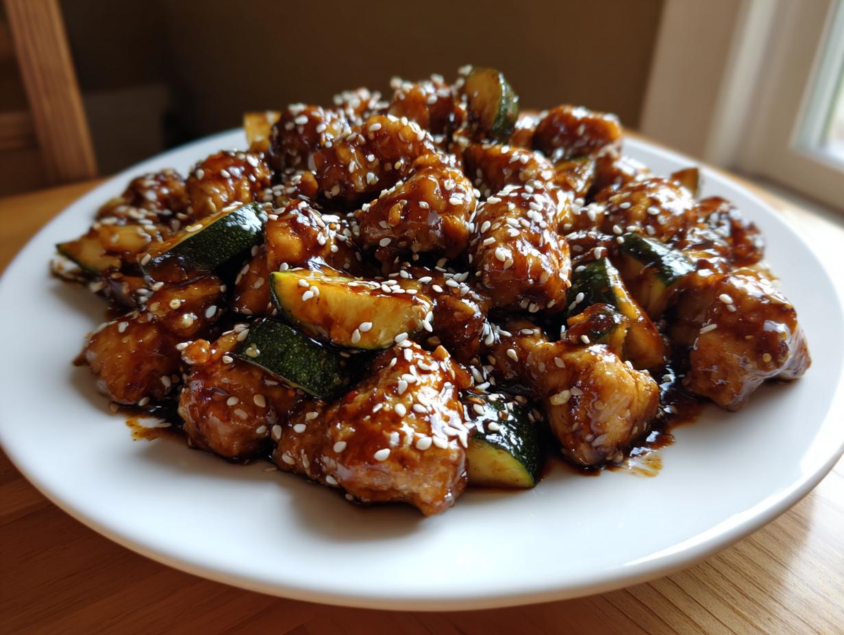 A plate piled high with glossy, saucy chicken zucchini stir fry pieces topped generously with white sesame seeds.