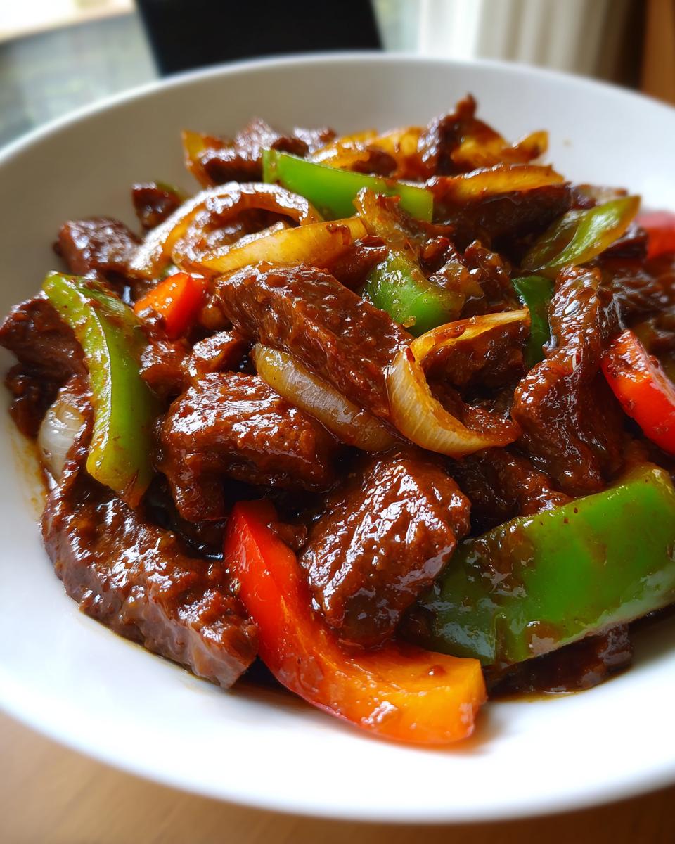 A close-up shot of glossy Chinese pepper steak mixed with vibrant green, red, and yellow bell peppers and onions.