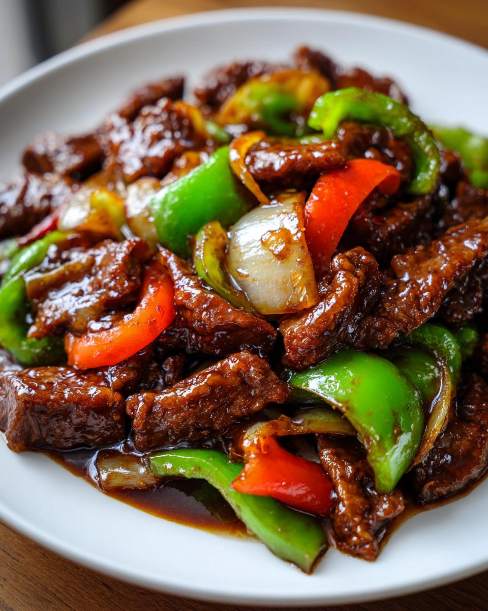 Close-up of glossy, saucy chinese pepper steak mixed with bright green and red bell peppers and onions.