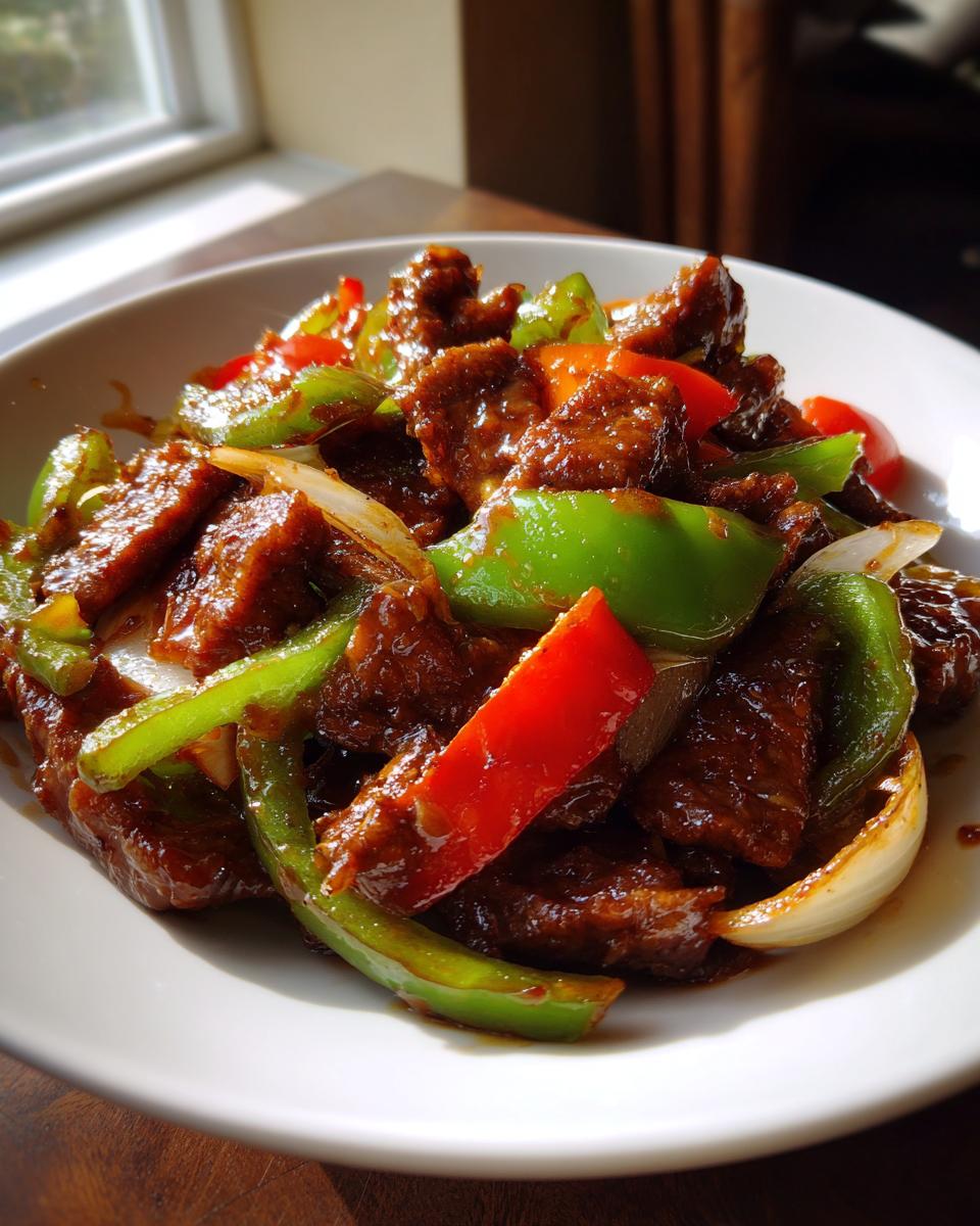 A close-up of savory Chinese pepper steak stir-fry with bright green and red bell peppers and onions.