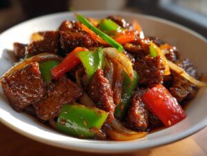 A close-up shot of glossy, saucy chinese pepper steak mixed with bright green and red bell peppers and onions in a white bowl.