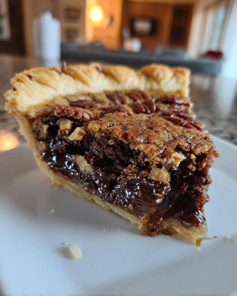 Close-up of a decadent slice of chocolate bourbon pecan pie showing gooey filling and flaky crust.