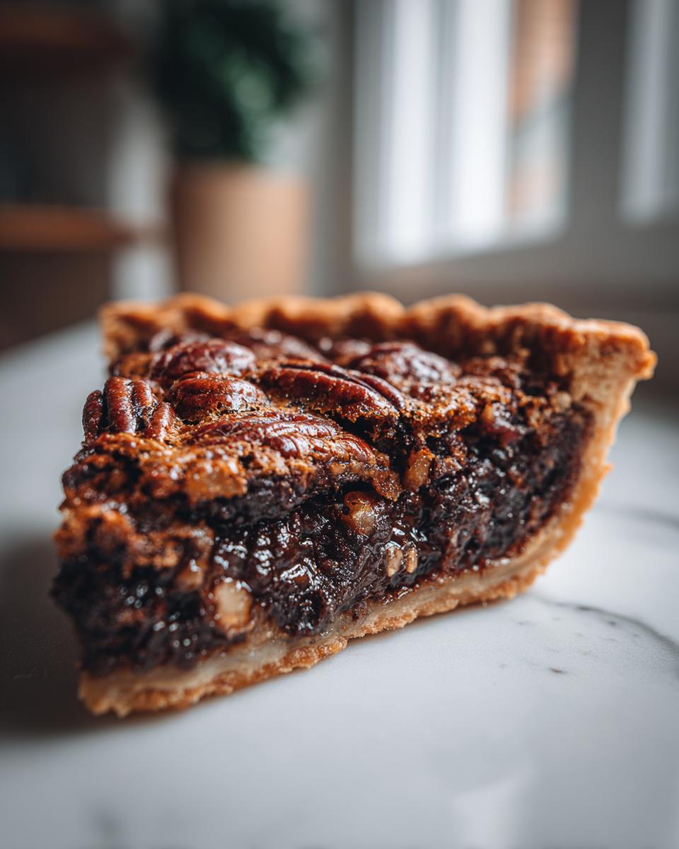 Close-up of a decadent slice of chocolate bourbon pecan pie showing the gooey filling and pecan topping.