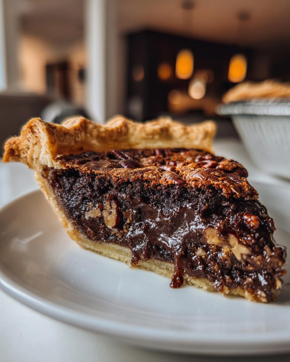 Close-up of a decadent slice of chocolate bourbon pecan pie with a gooey center on a white plate.