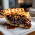 Close-up of a decadent slice of chocolate bourbon pecan pie with gooey filling on a white plate.